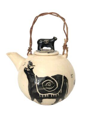 Artisan Teapot Hand Crafted Black on White Cows & Birds Signed SO